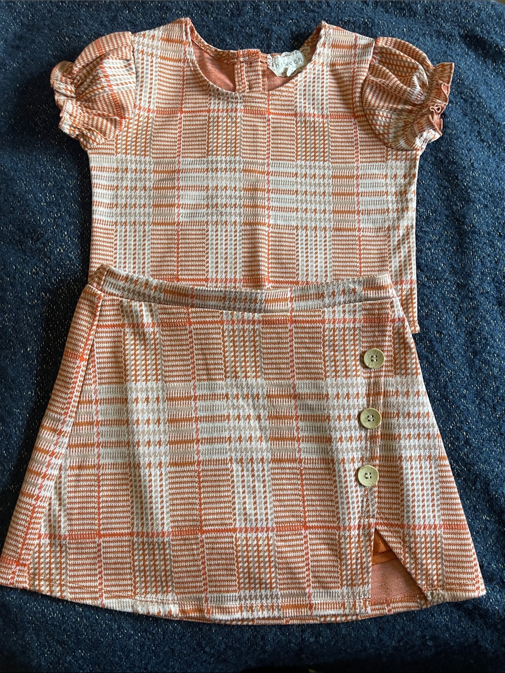 Girls Orange Plaid Two-Piece Matching Set - Casual Top & Skirt